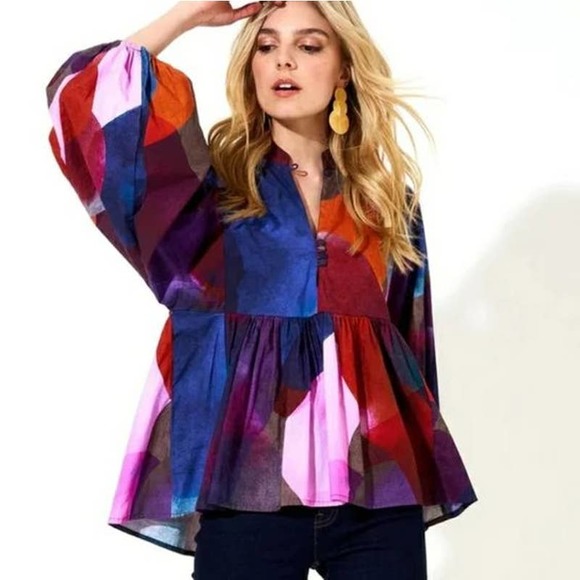 Oliphant Tops - NWT Oliphant Mandarin Balloon Sleeve Blouse Top Navy Art Print XS Multicolor